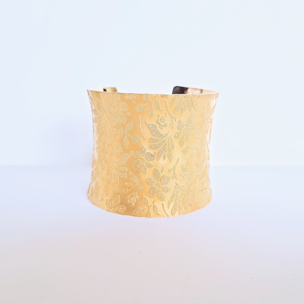 Tocara Karen Gold Floral Etched Wide Cuff Bracelet Statement